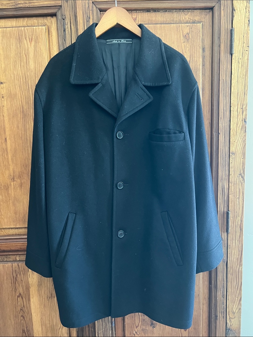 Men's Black Wool Overcoat - Classic Single-Breasted